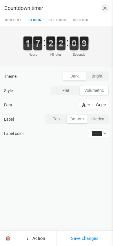 Timer design settings page in Taplink
