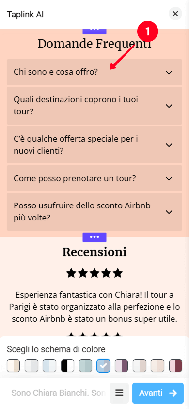 Tocco della sezione FAQ nell’interfaccia della pagina Taplink AI