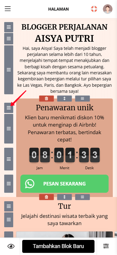 Menahan ikon seret untuk memindahkan blok di Taplink
