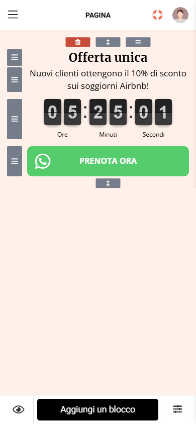 La sezione Offerta limitata composta dai blocchi Testo, Timer e App di messaggistica nel builder Taplink