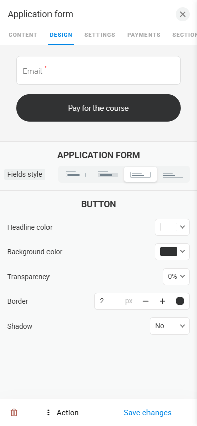 Form and payments block design customization tab in Taplink
