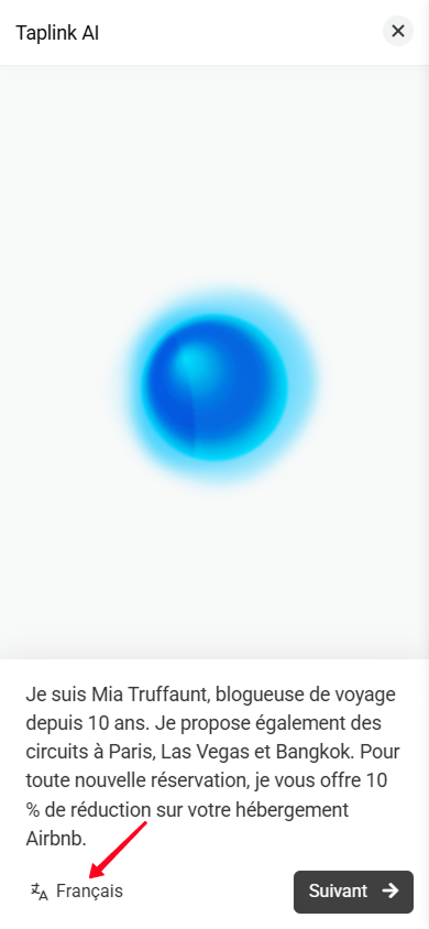 Appuyer sur le bouton des paramètres de langue dans Taplink AI