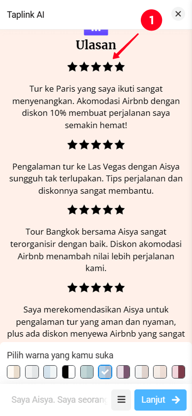 Mengetuk bagian Ulasan di editor halaman Taplink AI