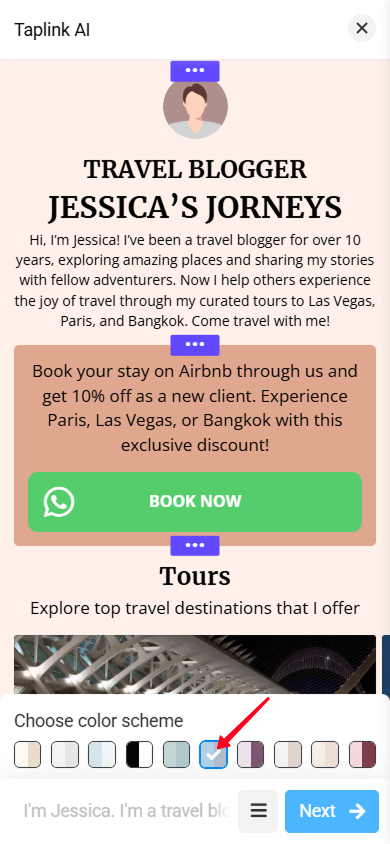 An orange-colored page in the Taplink AI interface