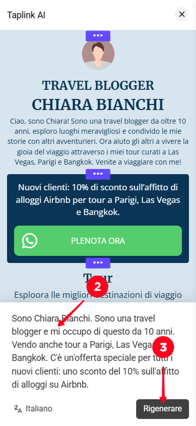 Modifica della descrizione dell’attività e tocco del pulsante Rigenerare in Taplink AI