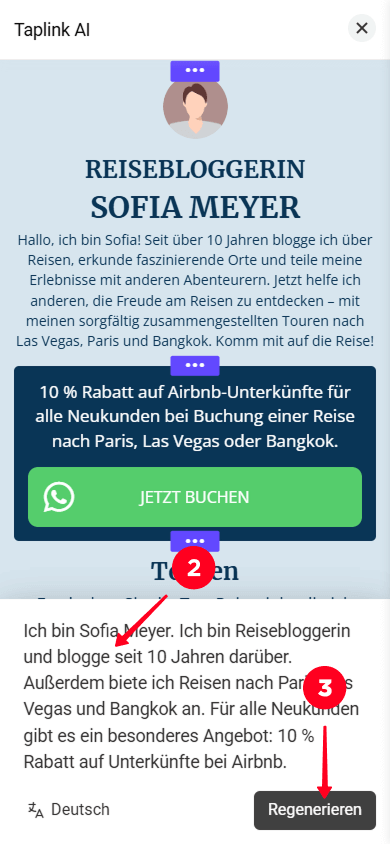 Bearbeiten der Geschäfts­beschreibung und Tippen auf Regenerieren in Taplink AI