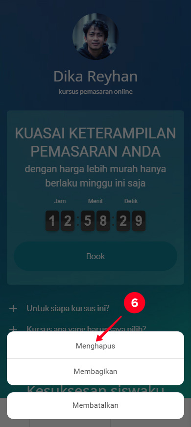 Memilih Hapus di menu templat