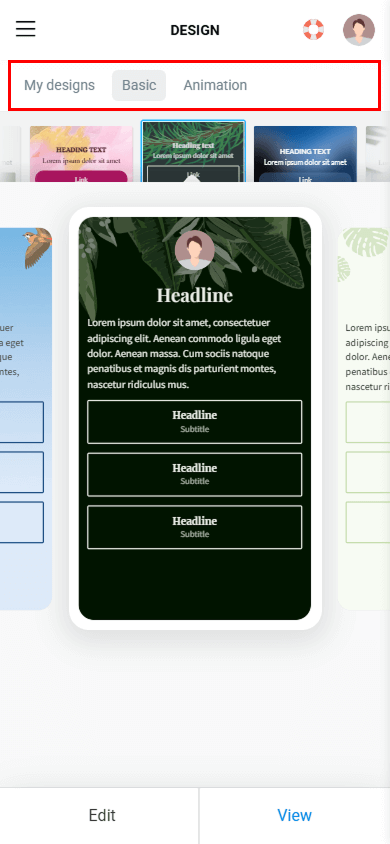 My designs, Basic, and Animation tabs highlighted in the Taplink page design settings
