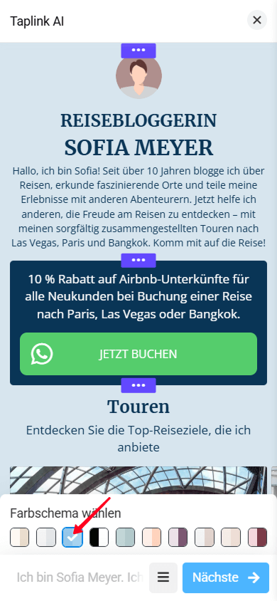 Ein blaues Farbschema, das auf eine im Taplink AI-Editor generierte Seite angewendet wurde