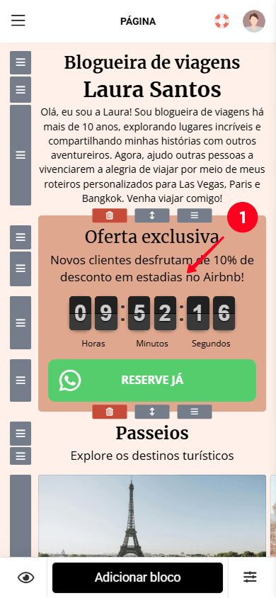 Tocando no bloco Texto no editor do Taplink