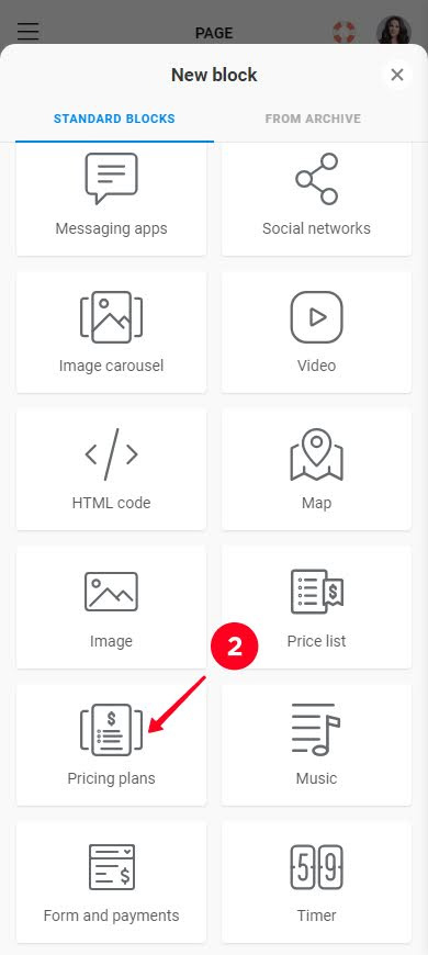 Choosing Pricing plans on the list of Taplink blocks