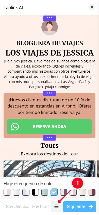 Abriendo la configuración de secciones en el editor de Taplink AI