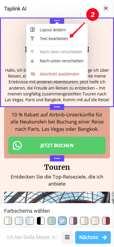 Auswählen von Text bearbeiten im Dropdown-Menü der Abschnitts­einstellungen