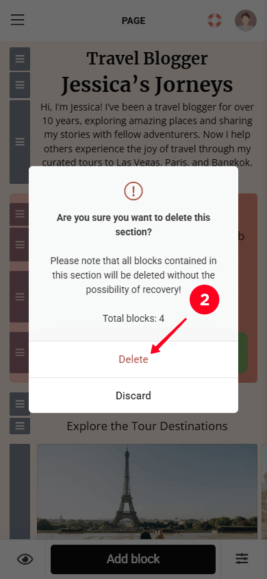 Selecting the Delete button in the pop-up window in Taplink