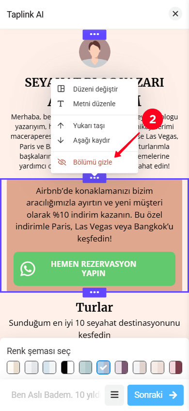 Bölüm ayarları açılır menüsünde Bölümü gizle seçeneğini seçme