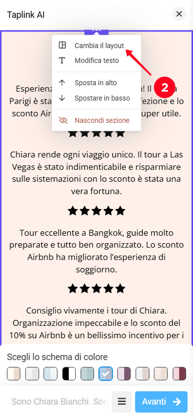 Selezione di Cambia il layout nel menu a discesa delle impostazioni della sezione