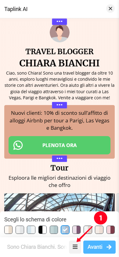 Apertura delle impostazioni della sezione nell’editor Taplink AI