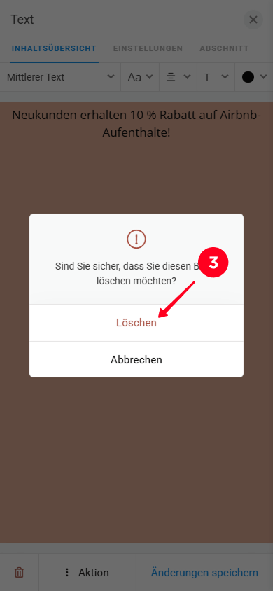 Auswählen von Löschen im Pop-up-Fenster der Textblock-Einstellungen
