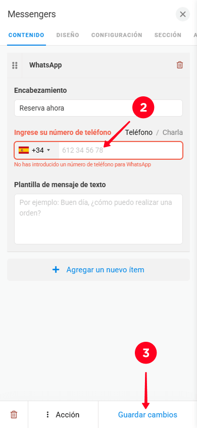 Ingresando un número de teléfono y tocando Guardar cambios en la ventana de configuración del bloque Messengers