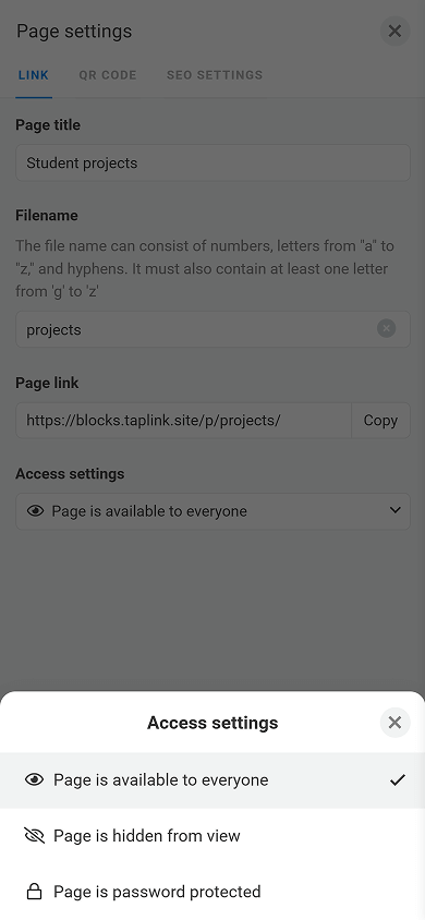 Access settings pop-up window on the Internal page block customization page