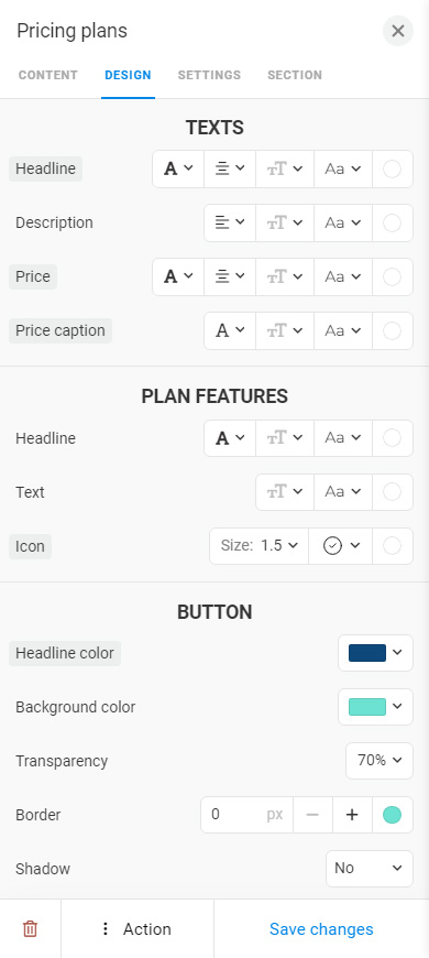 The appearance settings of the text, plan features, button in the Pricing plans block
