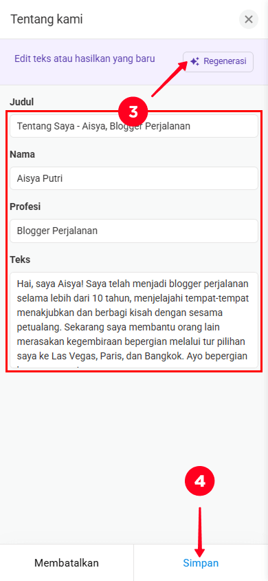 Mengedit teks, mengetuk tombol Regenerasi, dan menyimpan perubahan di jendela pengaturan bagian Tentang kami
