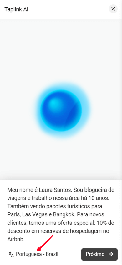 Tocando no botão de configurações de idioma no Taplink AI
