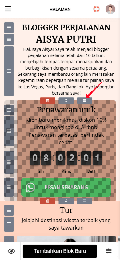 Menahan ikon seret untuk memindahkan bagian di pembuat halaman Taplink