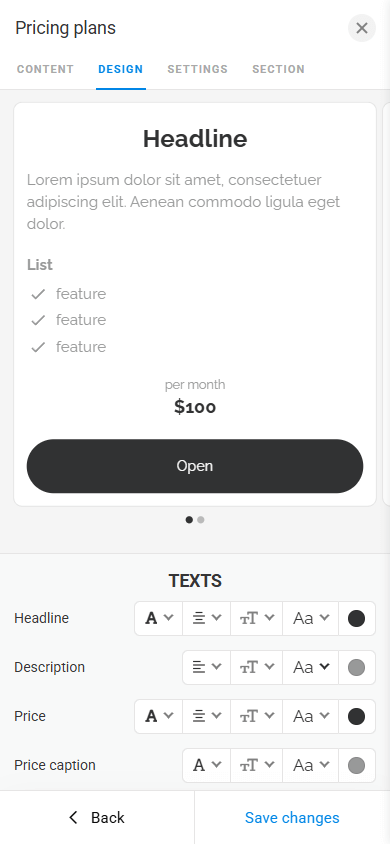 Pricing plans block design customization tab displaying text settings