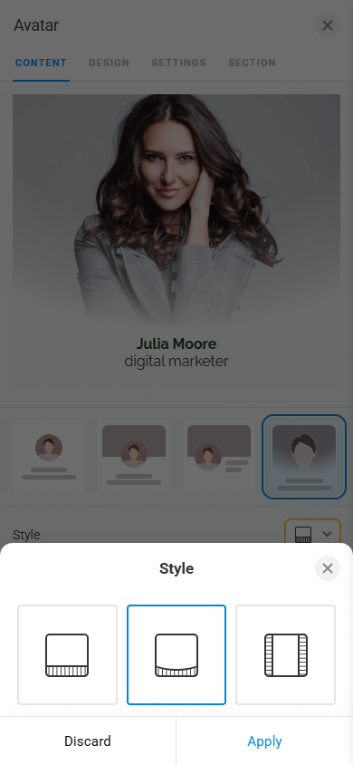 Profile image style settings in the Avatar block