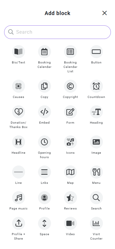 Content blocks available in Lnk.Bio