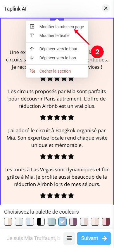 Sélectionner Modifier la mise en page dans le menu déroulant des paramètres de section