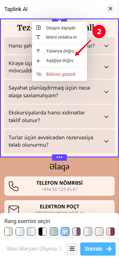 Bölmə parametrləri menyusunda Yuxarıya doğru və Aşağıya doğru seçimini seçmək