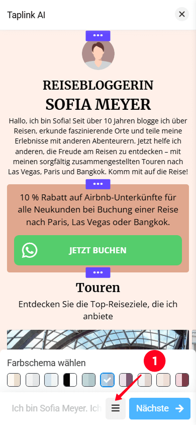 Öffnen der Abschnitts­einstellungen im Taplink AI-Editor