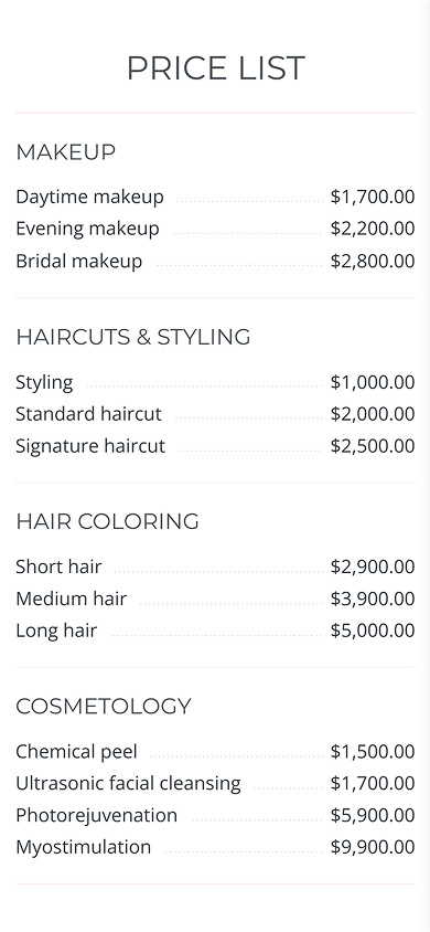 Categorized Price list blocks on a Taplink page