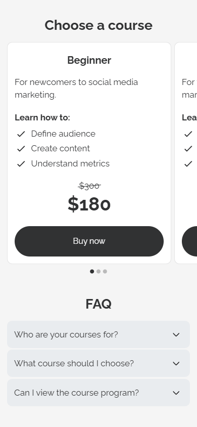 The middle of the digital marketer’s Taplink page displaying Text, Pricing plans, and FAQ blocks