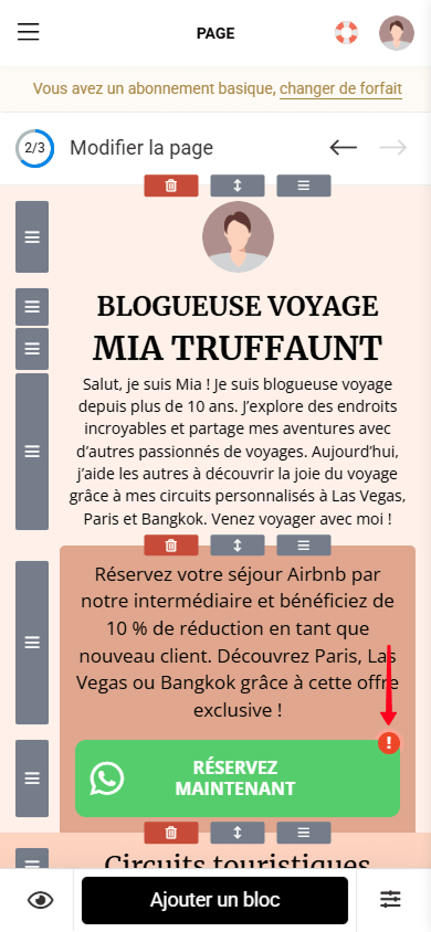 Un point d’exclamation à côté du bouton indiqué par une flèche rouge