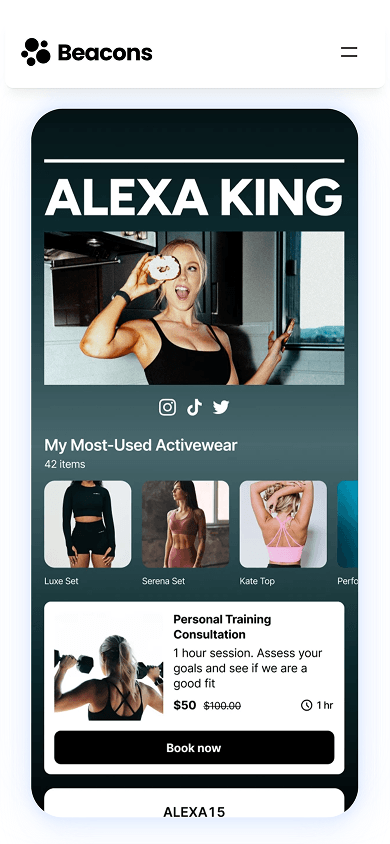 Example of a link-in-bio page created with Beacons.ai