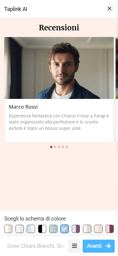 La sezione Recensioni con un layout che include un’immagine grande, un nome e testo