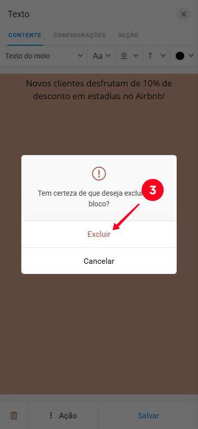 Selecionando Excluir na janela pop-up das configurações do bloco de Texto