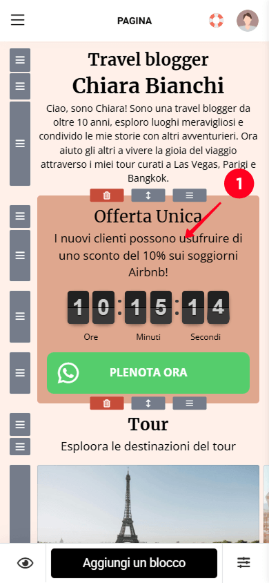 Tocco del blocco Testo nell’editor Taplink