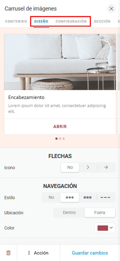 Las pestañas Diseño y Configuración resaltadas en la configuración del bloque Carrusel de imágenes