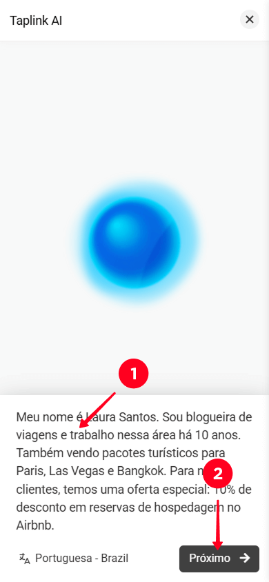 Inserindo a descrição do negócio e tocando em Próximo no Taplink AI