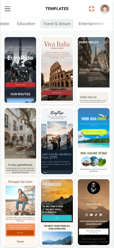 Taplink template library in the Travel & leisure category