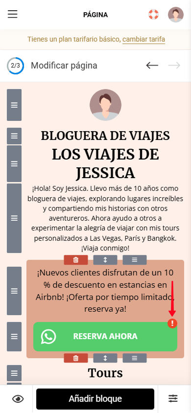 Un signo de exclamación junto al botón resaltado con una flecha roja