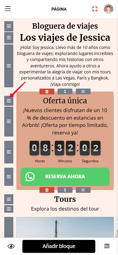 Manteniendo presionado el icono de arrastre para mover un bloque en Taplink