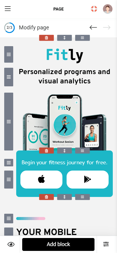 Mobile landing page editor interface in Taplink