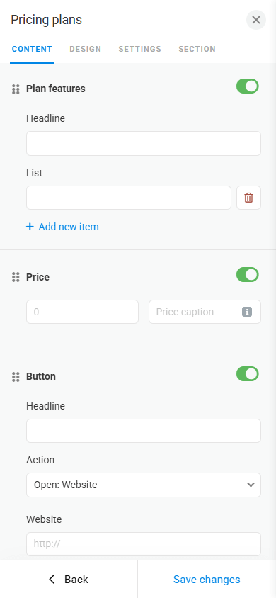 Pricing plan content customization page featuring fields for plan features and price, as well as button settings