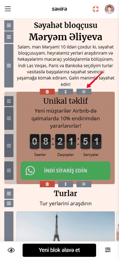Taplink səhifə qurucusunda bölməni hərəkət etdirmək üçün hərəkət ikonunu basılı tutmaq