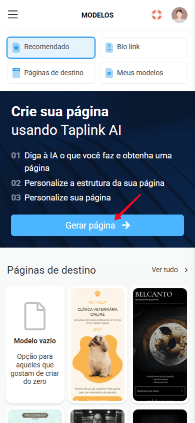 Tocando no botão Gerar página na interface do Taplink